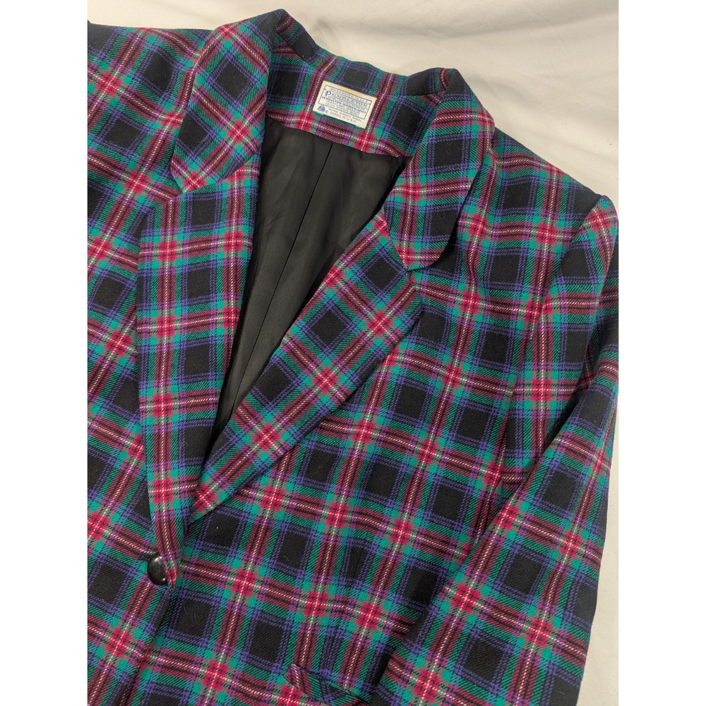 Pendleton Blazer Womens Size 24W Wool Plaid Navy Green Tartan 1980s Vintage
